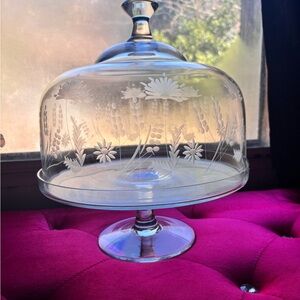 Floral Etched Glass Cake Stand with Dome